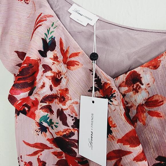 Lovers + Friends Stacey Ruffle Midi Dress Pink Red Floral Asymmetric Small NWT - Picture 11 of 15